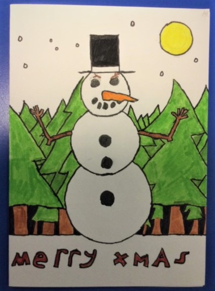 A snowman with a carrot nose and a black top hat set against a forest. 